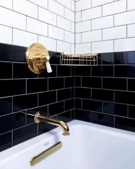 Subway Tile Bathroom, Black Tapware, Tiled Bathroom, Bathroom Black, Gold Fixtures, Black Tiles, Gold Bathroom, Trendy Bathroom, Bath Room