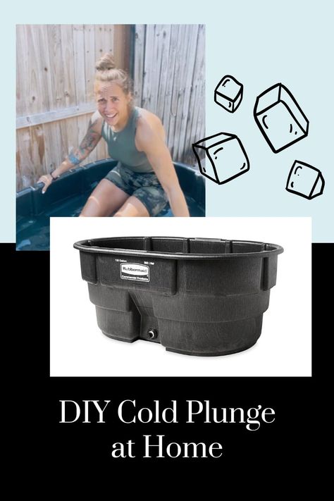 Caption says "DIY Cold Plunge at Home" and in the top left photo there is a women doing a cold plunge and in the second photo there is a 150 gallon Rubbermaid stocktank. Stock Tank Cold Plunge, Diy Cold Plunge, Rubbermaid Stock Tank, Homemade Pool, Homemade Pools, Cattle Feed, Cold Plunge, Stock Tank, Dog Wash