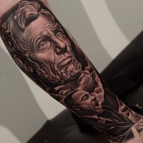 Abraham Lincoln Tattoo, Lincoln Tattoo, Back Ear Tattoo, Patriotic Tattoos, Forearm Sleeve Tattoos, 3d Tattoos, Realism Tattoo, Arm Tattoos For Guys, Cover Up Tattoos