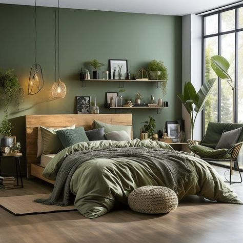 Oak And Green Bedroom, Green Palette Bedroom Ideas, Moss Green Bedroom Colour Palettes, Green Dark Wood Bedroom, Natural Green Bedroom, Earthy Bedroom Color Scheme, Moss Green Bedroom, Olive Green Bedroom Ideas, Earthy Bedroom Decor