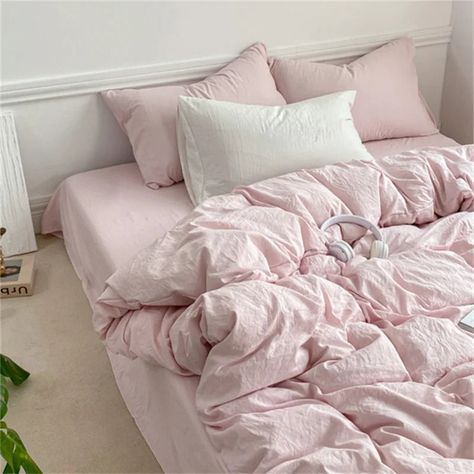 Crumpled Sheets Bedding Set | Minimalist Duvet Cover Set - roomtery Bedding Ideas Aesthetic Minimalist, Light Pink Sheets Bedding, Pale Pink Bed Sheets, Subtle Colorful Bedroom, Bedding Pink And White, Full Bedding Sets Aesthetic, Pink Bedding Inspiration, Cute Bedding Aesthetic Pink, Bedroom Ideas Comforter Bedding