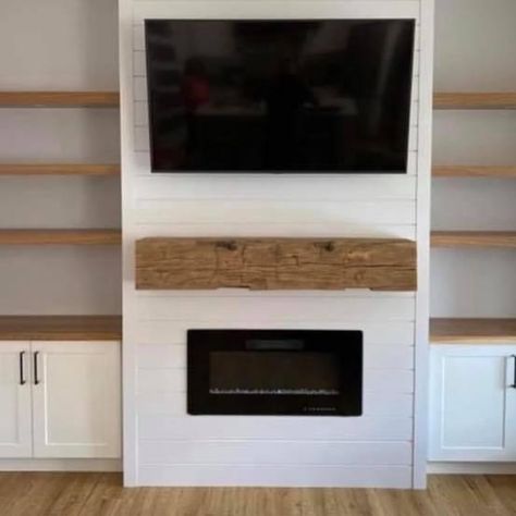 Ikea Entertainment Center With Fireplace, Water Shut Off Cover Ideas, Fireplace Tv Wall With Shelves On One Side, Built In Media Wall With Fireplace, Build In Fireplace Living Rooms, Electric Fireplace With Built Ins, Built In Fireplace And Tv, Faux Foyer, Organization Ideas Bathroom