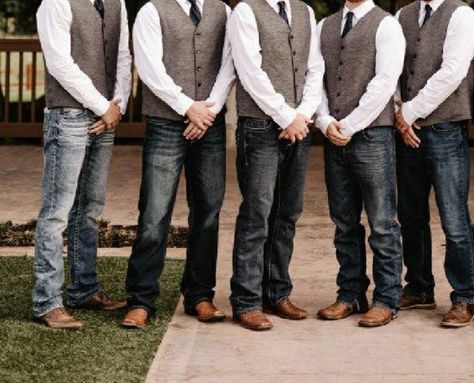 Men’s Wedding Attire Jeans, Sage Green And Rust Wedding Groomsmen, Denim Groomsmen Attire, Casual Father Of The Bride Attire, Jeans And Vest Wedding Groomsmen, Rustic Groomsmen Attire Jeans, Country Wedding Mens Attire, Blue Jean Wedding Men Groom Attire, Groomsmen Jeans And Vest