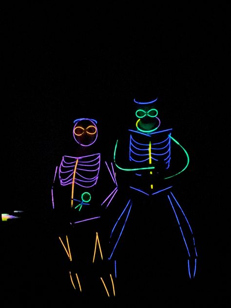 Glow in the dark Glow stick party Glow Stick Costume Ideas, Glow In The Dark Stick Figure Costume, Neon Trunk Or Treat, Glow Stick Skeleton Costume, Diy Glow Stick Costume, Glow Stick Costume Diy, Glow Stick Halloween Costume, Glow Stick Outfit, Glow In The Dark Bachelorette Party