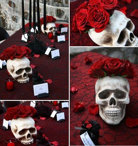 Skull centerpiece with cobweb table cloth | Halloween Wedding Theme Ideas - Farmfoodfamily.com Cobweb Table, Skull Centerpiece, Uhyggelig Halloween, Halloween Decor Diy, Halloween Themed Wedding, Skull Wedding, Goth Wedding, Dark Wedding, Halloween Snacks