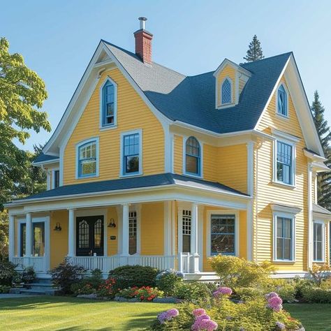 Pastel Yellow and Hazy Blue for Soft, Dreamy House Exteriors • 333+ Inspiring Lifestyle Ideas Yellow House Aesthetic, Small House Colors Exterior, American Houses Exterior, Cute Beach House Exterior, Art Deco House Exterior, Exterior House Colours, Yellow Siding, Yellow Beach House, Craftsman House Exterior