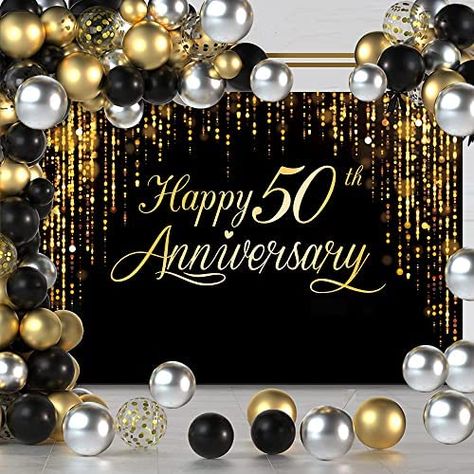 Ships within 24 Hours or Less! Buy This Product Form Our Website For Your Amazing Party! Happy 50th Anniversary Party Decorations Backdrop, Black Gold Glitter Bokeh Dots Wedding Anniversary Party Photo Background Cake Table Banner Extra Large Wall Decor Props (73'' x 50'') Shop at https://www.homepartyking.com/product/happy-50th-anniversary-party-decorations-backdrop-black-gold-glitter-bokeh-dots-wedding-anniversary-party-photo-background-cake-table-banner-extra-large-wall-decor-props-73-x-50 50th Anniversary Black And Gold, 50 Anniversary Backdrop Ideas, Decoration Ideas For 50th Anniversary, 50th Wedding Anniversary Photo Booth, Colors For 50th Wedding Anniversary, Black And Gold 50 Wedding Anniversary Party Decorations, 50anniversary Decorations, Intimate 50th Wedding Anniversary, 50th Wedding Anniversary Party Ideas Black And Gold