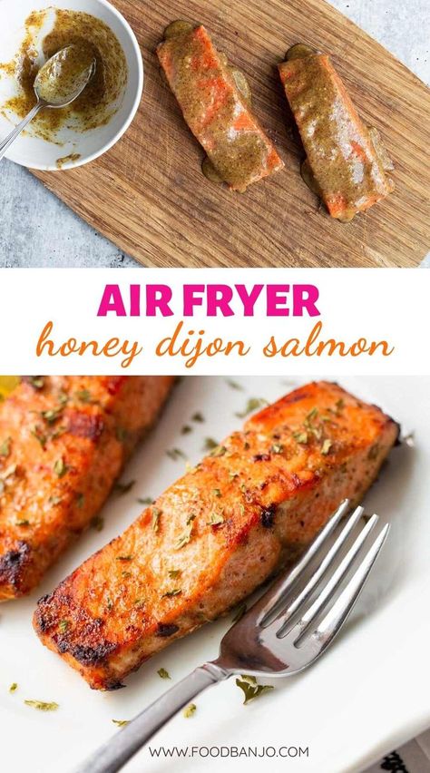 air fryer salmon on a white plate with a fork Salmon Dijon Mustard Recipes Air Fryer, Air Fryer Salmon Meal, Salmon With Dijon Mustard Sauce Air Fryer, Dijon Air Fryer Salmon, Simple Salmon Recipe Air Fryer, Salomon Air Fryer, Air Fryer Salmon Recipes Honey Mustard, Air Fryer Mustard Salmon, Salmon Recipes Mustard Dijon