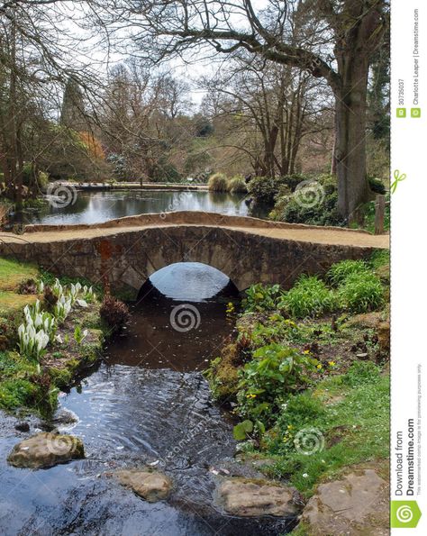 Stone Bridge Over Stream Landscape Stock Image - Image of gardens, landscape: 30735037 Bridge Over Stream, Bridge Over Water, Stream Landscape, Backyard Stream, Farm Pond, Aquascape Design, Pond Landscaping, Farmhouse Remodel, Stone Bridge