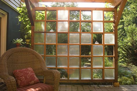 Killer arbor idea using those blocky glass pieces  -- Custom Cedar Arbor with Glass Block Trellis by WestoverLandscapeDesign, Cedar Arbor, Arbor Ideas, Glass Blocks Wall, Glass Brick, Privacy Screens, Glass Block, Pergola Plans, Block Wall, Glass Pieces