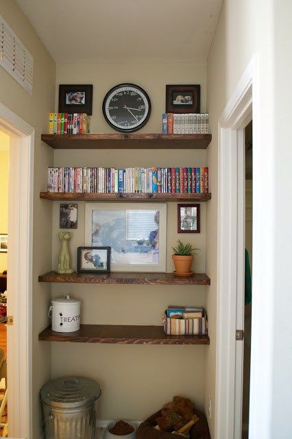 7 Easy Weekend Home Projects + October Link Party End Of Hallway Decor Ideas, End Of Hallway Decor, Weekend Home Projects, End Of Hallway, Hallway Shelf, Hidden Shelf, Weekend Home, Red Furniture, Floating Bookshelves