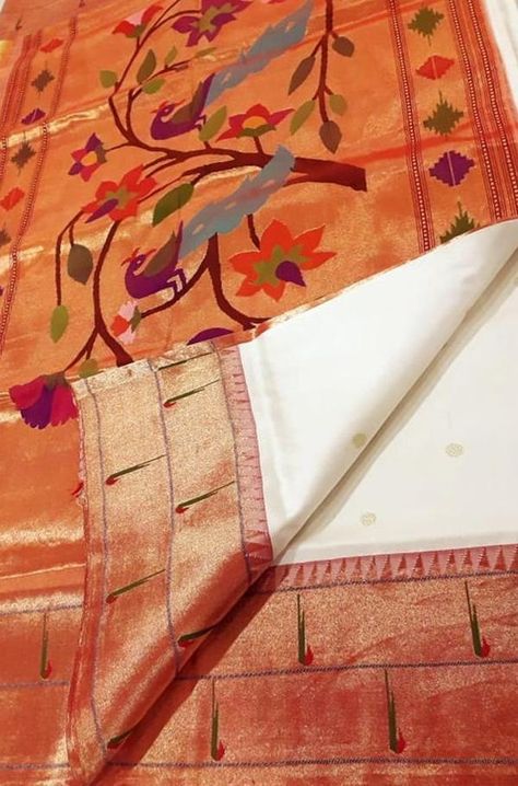 Off White Handloom Paithani... #prideofMaharashtra #maharastrianculture #handwoven #handmade #handloom #authentic #ethnic #weddingwear White Paithani Saree, White Paithani, Elegant Wear, Paithani Saree, Paithani Sarees, Mens Designer Shirts, Temple Design, Luxury Dresses, Pattu Saree