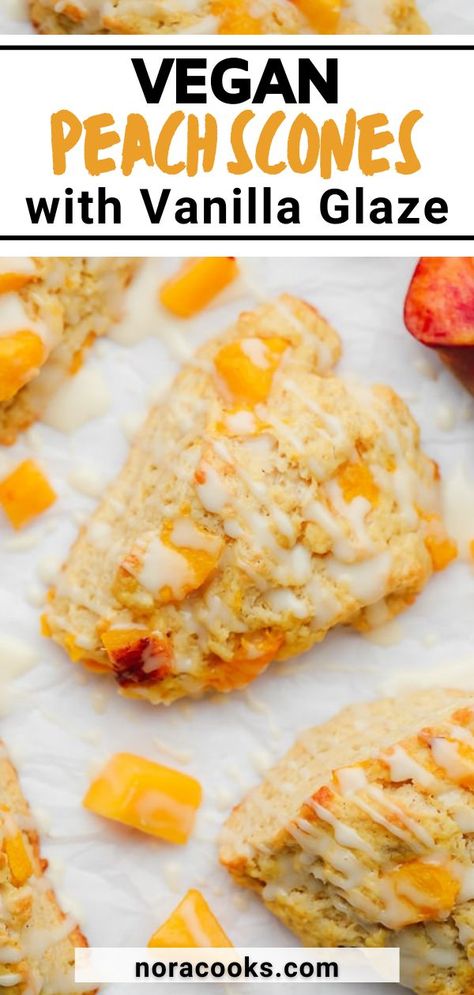 Peach Scones Recipe, Summer Breakfasts, Peach Scones, Pumpkin Scones Recipe, Nora Cooks, Vegan Brunch Recipes, Vegan Peach, Vegan Scones, Scone Recipes