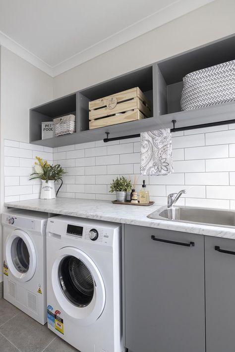 Laundry - Miracle 21 - Brighton Homes Hamptons Laundry Room, Subway Tile Laundry Room, Laundry Room Tile Ideas, Brighton Homes, White Subway Tile Kitchen, Laundry Room Tile, Laundry Makeover, Laundry Room Ideas Small Space, White Subway Tile Backsplash