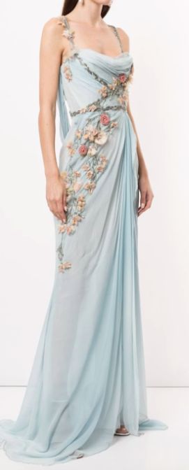 https://www.marchesa.com/products/m29802-softly-draped-grecian-gown-blue-mist Marchesa Couture, Grecian Gown, Greek Goddess Dress, Grecian Dress, Goddess Gown, Goddess Dress, Prom Dress Inspiration, Fantasy Gowns, Chiffon Gown