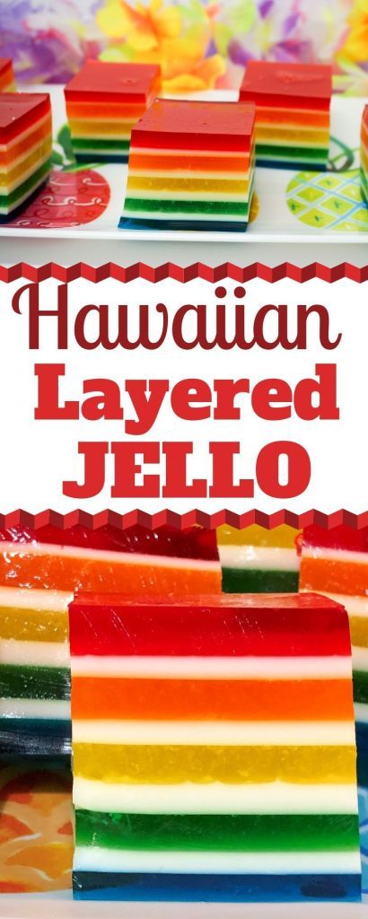 Hawaiian Layered Jello Fun Jello Recipes, Layered Jello Recipe Condensed Milk, Layered Jello Dessert, Rainbow Jello Recipe, Layered Jello Recipe, Hawaiian Dessert Recipes, Jello Deserts, Finger Jello, Hawaiian Dessert