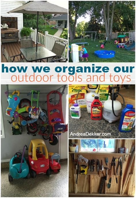 Outdoor Toy Garage, Organizing Outdoor Toys, Storing Outdoor Toys, Organizing Gardening Supplies, Outdoor Toy Organization, Backyard Organization Toys, Outdoor Waterproof Toy Storage, Outdoor Toy Storage Waterproof, Kids Garden Toys