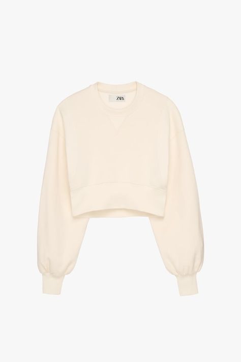 CROPPED SWEATSHIRT KAIA x ZARA - Ecru | ZARA United Kingdom Zara Outfit, Round Neck Sweatshirts, Ribbed Tank Tops, Fall 2022, Long Puff Sleeves, Streetwear Women, Crew Sweatshirts, Crop Sweatshirt, Oversized Sweatshirt