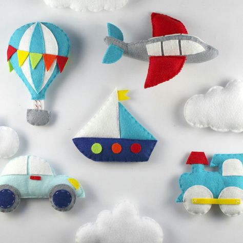 One for the boys. This Transportation Pattern Set is now available in my Etsy shop. Happy creating x Ria Airplane Nursery Decor, Mobiles For Kids, Baby Mobile Felt, Diy Baby Mobile, Baby Mobil, Airplane Nursery, Felt Sewing, Felt Toys Patterns, Felt Mobile