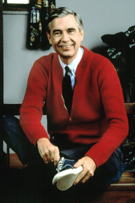 Aww! Chrissy Teigen Shared Why Mister Rogers Used to Announce He Was Feeding His Fish Blue Sweater Outfit, Neighborhood Friends, Mister Rogers Neighborhood, Mister Rogers, Fred Rogers, Mr Rogers, Red Cardigan, Tv Characters, Cool Halloween Costumes