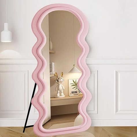 Amazon.com: Flannel Wavy Full Length Mirror with Stand Wall Mounted 63"x24" Large Floor Mirror Irregular Squiggle Tall Body Long Mirrors Bedroom Living Room Cloakroom Home Decor Simple Modern Wooden Frame - Pink : Home & Kitchen Body Mirror Pink, Wavy Full Body Mirror, Pink Wavy Mirror, Wavy Pink Mirror, Pretty Pink Bedroom Mirror, Pink Squiggle Mirror, Arched Floor Mirror, Full Length Mirror Stand, Large Floor Mirror