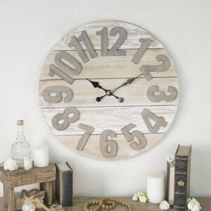 Gracie Oaks Oversized Feltman 30" Wall Clock & Reviews | Wayfair Wall Clock Wood, Wood Plank Walls, Farmhouse Wall Clocks, Farmhouse Wall Clock, Clock Wood, Shiplap Wall, Pale Wood, White Clocks, Plank Walls