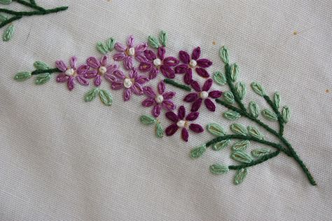 Embroidered Lilacs Embroidered Lilacs, Lilac Embroidery, Crewel Embroidery Kits, Brazilian Embroidery, Embroidery Flowers Pattern, Simple Embroidery, 자수 디자인, Silk Ribbon Embroidery, Crewel Embroidery