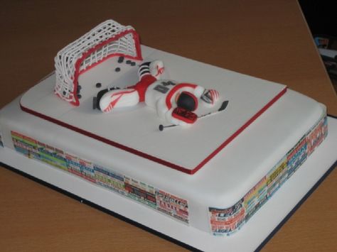 hockey goalie cake Soccer Goalie Cake Ideas, Hockey Desserts, Ice Hockey Cake, Goalie Cakes Hockey, Simple Hockey Cake, Hockey Cake Ideas Birthdays, Hockey Birthday Cake Diy, Hockey Cupcakes, Hockey Birthday Cake