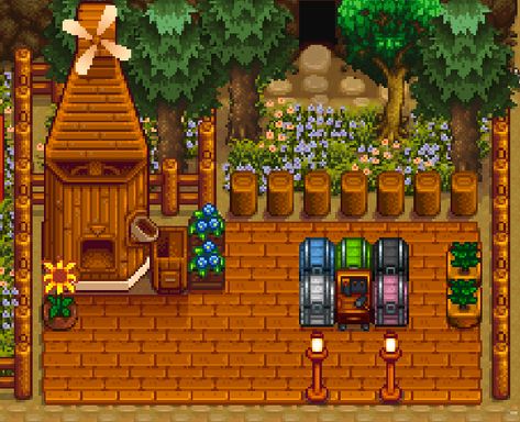 my cute little crafting area 🌻 Stardew Valley Outdoor Storage, Stardew Valley Area Ideas, Stardew Path Ideas, Stardew Valley Crafting Area, Stardew Valley Storage Ideas, Stardew Storage, Stardew Storage Shed, Stardew Crafting Area, Stardew Farms