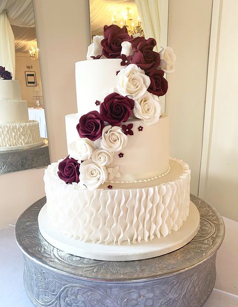 Burgundy Wedding Cake Ideas, Wedding Cakes Burgundy And Blush, Burgundy Wedding Cakes, Ivory And Burgundy Wedding, Maroon Wedding Cake, Two Tier Wedding Cake Burgundy, White Wedding Cake With Burgundy Flowers, Wedding Cake Burgundy Flowers, Maroon Theme