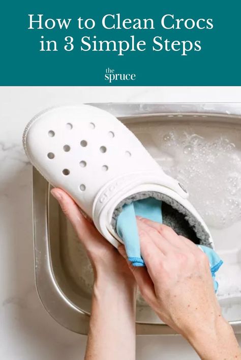 Learn how to clean all types of Crocs in three simple steps, from the classic plastic versions to other kinds and materials. #howtoclean #cleaningguide #thespruce #cleaningtipsandtricks #lifehacks How To Clean Crocs With Fur, How To Clean Fuzzy Crocs, How To Clean Crocs Shoes, Cute Outfit With Crocs, How To Clean Crocs, Fuzzy Crocs Outfit, Cleaning Crocs, Crocs Outfit Winter, Cute Outfits With Crocs