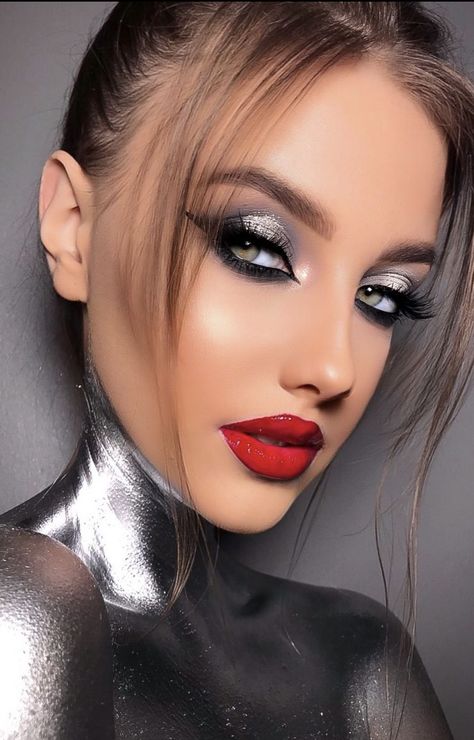 Classic Red Lip Makeup, Silver Lipstick, Xmas Makeup, Silver Eye Makeup, Blonde With Blue Eyes, Red Lipstick Makeup, Couture Makeup, Leading Women, High Fashion Makeup