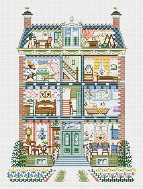 House Quilt Patterns, Stitch Doll, Cross Stitch House, Cross Stitch Landscape, Crochet Dolls Free Patterns, Beadwork Embroidery, Needlework Crafts, Small Cross Stitch, Cross Stitch Pictures