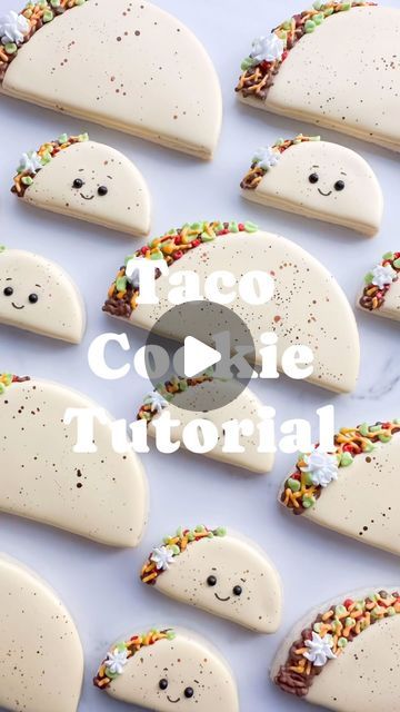 Mandy Edmunds on Instagram: "Let’s taco ‘bout making some adorable cookies for your next fiesta! These cookies are perfect for your “Taco ‘bout a Baby” shower theme, Cinco de Mayo, or anytime!   In this tutorial, I also show you how to cut your tipless piping bag to create a leaf tip. Simply flatten your tip with the seam up and cut a v-shape. Easy!  If you want to make cute little baby tacos with faces, just drop two black sprinkle “eyes” into your light yellow “taco shell” flood while it’s still wet. I like PME Brand sugar pearls because they aren’t too hard to bite, and the color doesn’t bleed! When your cookie is dry, just use a black edible marker to draw a smile.  Americolor gels I used: Chocolate Brown (Meat) Super Red (Tomatoes) Electric Green (Lettuce) Egg Yellow (Taco Shell) Egg Taco Shaped Cookies, Taco Cookies Royal Icing, Cupcake Shaped Cookies, Taco Decorated Cookies, Cookie Taco Shells, Sombrero Cookies Decorated, Taco Bout A Baby Cookies, Taco Baby Shower Cookies, Taco Sugar Cookies