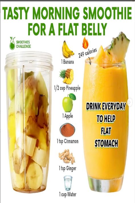 Tasty morning smoothie for a flat belly Flat Belly Smoothie, Resep Smoothie, Healthy Juice Drinks, Fruit Smoothie Recipes Healthy, Smoothie Recipes Healthy Breakfast, Resep Diet, Smoothie Drink Recipes, Fat Burning Smoothies, Healthy Drinks Smoothies