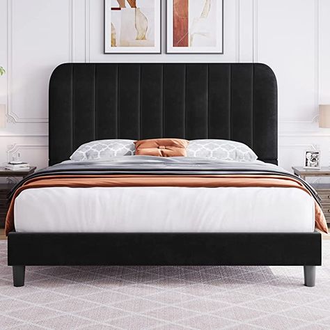 King Bed No Headboard, Black Velvet Bed Frame, Black Velvet Headboard, Black King Bed Frame, Bed No Headboard, Black Upholstered Bed, Black Velvet Bed, Cabin Bedrooms, Black King Bed