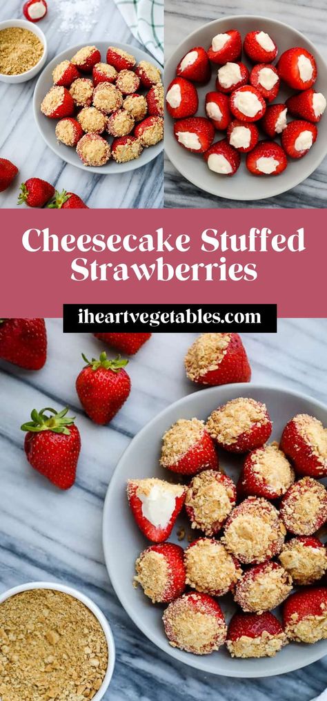 These cheesecake stuffed strawberries are a delicious treat! Juicy berries filled with sweet cream cheese and a sprinkle of graham cracker crumbs make the perfect bite-sized dessert! Cream Cheese Filled Strawberries Recipe, Strawberry Cream Cheese Appetizer, Cream Cheese Filling For Strawberries, Homemade Strawberry Desserts, Strawberries With Cream Cheese Filling, Strawberry Filled With Cream Cheese, Filled Strawberries Cream Cheese, Strawberry With Cream Cheese Filling, Strawberry Cream Cheese Graham Cracker