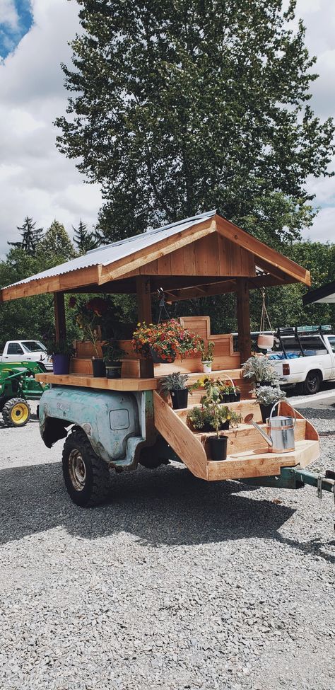 Farmstand at Wild Child Farm, Bonney Lake, WA Truck Bed Trailer Flower Stand, Cute Farm Stand Names, Honor Box Farm Stand, Farmers Market Truck, Farmstand Trailer, Farm Stand On Trailer, Unique Farmers Market Booth, Farm Outdoor Ideas, Truck Bed Flower Stand