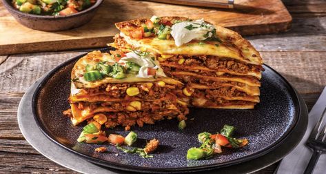 Clark's Mexican Beef Tortilla Stack Recipe | HelloFresh Mexican Stack, Tortilla Stack, Beef Tortilla, Recipe With Ground Beef, Creamed Cucumbers, Cucumber Salsa, Mexican Beef, Mom Recipes, Hello Fresh Recipes