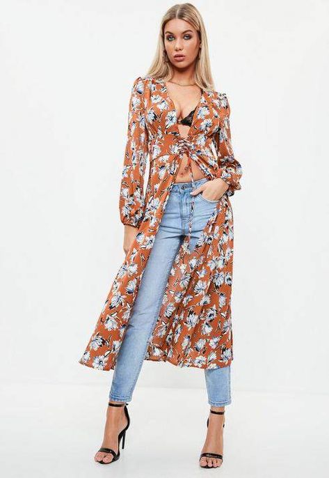 Dress Over Jeans, Designer Patterns, Long Duster, Duster Jacket, Duster Cardigan, Clothing Designs, Outfits To Wear, Brown Floral, Womens Fashion Trends