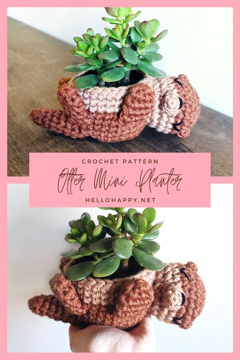 Crochet Pattern: Otter Mini Planter – HELLOhappy Crochet Animal Plant Holders, Sloth Planter Crochet Pattern, Crochet Animal Plant Hanger, Crochet For Desk, Crochet Sloth Planter Pattern Free, Otter Crochet Pattern Free, Crochet Greenery, Crochet Planters, Crochet Planter Cover