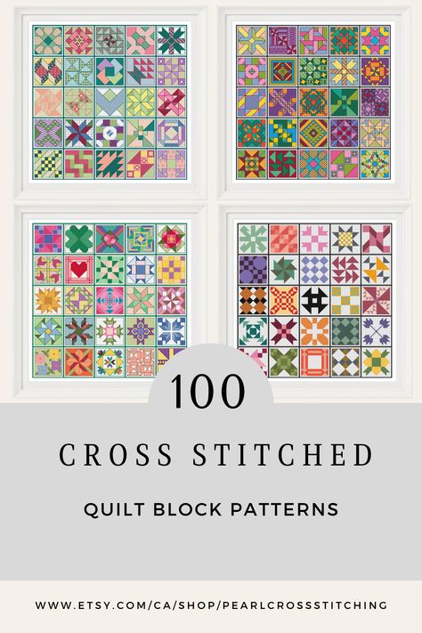 25 cross stitched quilt blocks in each of the four patterns. Each block is 24 x 24 stitches - 4.4 x 4.4 cm or 1.7 x 1.7 inches. Charts are available in my Etsy shop for purchase individually or receive a 25% discount when you purchase any two charts from my shop. Patchwork Cross Stitch Pattern, Quilting Cross Stitch Patterns, Granny Square Cross Stitch, Quilt Block Cross Stitch Patterns, Cross Stitch Rug Pattern, Easy Free Cross Stitch Patterns, Cross Stitch Quilt Blocks Free Pattern, Quilt Cross Stitch Patterns, Cross Stitch Quilt Blocks