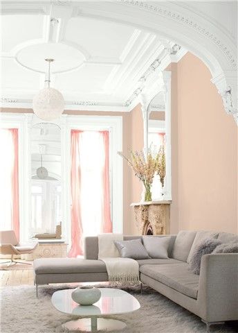 Look at the paint color combination I created with Benjamin Moore. Via @benjamin_moore. Walls: Raleigh Peach CW-205; Trim: Chantilly Lace OC-65; Ceiling: Chantilly Lace OC-65. Popular Living Room Colors, Tan Paint Colors, Paint Color Guide, Best Gray Paint Color, Popular Living Room, Color Combinations Paint, Hale Navy, Benjamin Moore White, Best White Paint