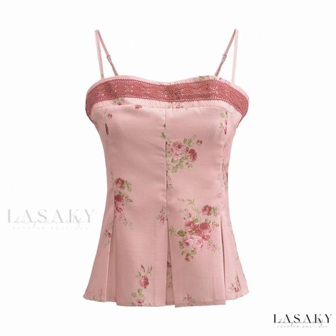 Lasaky - Blush Floral Camisole: Elegant and Shoulder-Baring Tropical Outfits, School Attire, Moda Grunge, Floral Camisole, Birthday Fit, Lace Trim Cami Top, Linen Design, Floral Cami Top, Romantic Blouses