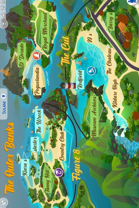 Bring popular locations from the hit Netflix series "Outer Banks" to your Sims 4 "Island Living" map, Sulani.  #outerbanks #poguelandia #kooksvspogues #p4l #sims4sulani #sims4islandliving #sims4mapidea Sims 4 Map Ideas, Sims 4 Newcrest Map Layout Ideas, Sims 4 Newcrest Map Layout, New Crest Sims 4 Map Ideas, Sims 4 Outer Banks, Outer Banks Sims 4 Cc, Sims 4 Map Layout Ideas, Sims 4 Newcrest Map Ideas, Outer Banks Map