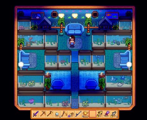 Aquarium Stardew Valley, Stardew Valley Fish Tank Room, Stardew Aquarium, Stardew Aquarium Room, Stardew Valley Aquarium Room, Fish Pond Stardew Valley, Stardew Valley Aquarium, Stardew House, Stardew Ideas