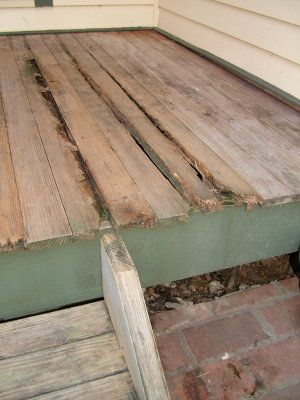 This tongue and groove porch flooring is exposed to the weather. It suffered serious rot because it was not treated with a preservative. PHOTO CREDIT: Tim Carter Tongue And Groove Porch Floor, Front Porch Wood, Farmers Porch, Porch Wood, Traditional Porch, Clapboard Siding, Porch Floor, Concrete Walkway, Wooden Porch