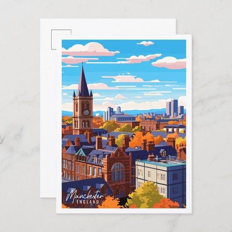 Manchester England vintage travel illustration Illustration Postcard, Manchester England, Travel Illustration, Famous Places, Vintage Travel, Manchester, England, Created By, Stars