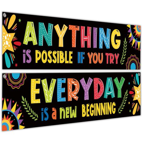 PRICES MAY VARY. CLASSROOM DECORATION BANNER SET - 2 packs motivational banners are included in the package, 1 "ANYTHING is POSSIBLE IF YOU TRY" banner and 1 "EVERYDAY is a new BEGINNING" banner, each one measures 61" x 13" (approx.) , proper size for the school classroom wall. UNIQUE DESIGNS - Designed with the unique patterns and printed with colorful words, bright colors and irregular shapes make our classroom banners full of childlike, let students learn in a fun atmosphere. EASY TO HANG & W School Board Quotes Student, Welcome Ideas For Students First Day School, Banner Design Ideas For School, Learning Walls In School, Decoration For School, Teachers Day Chart Ideas For School, Banner Ideas For School, Fun Wall Ideas, Welcome Design For Classroom