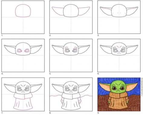 A step by step tutorial for how to draw an easy Baby Yoda, also available as a free download. Baby Yoda Painting, Star Wars Zeichnungen, Yoda Canvas, Star Wars Art Drawings, Yoda Drawing, Yoda Art, Ideas Regalo, Paint Crafts, Easy Drawing Steps